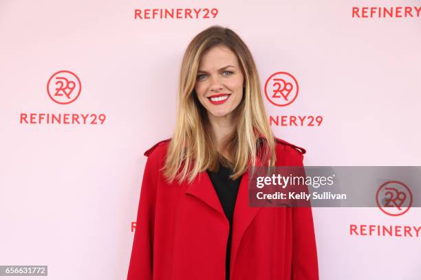 Actress and Chief Design Officer of Finery.com Brooklyn Decker poses for photos outside Refinery29's HER BRAIN Insights panel at Hint Water...