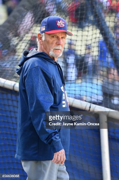 Jim Leyland, manager for team United States looks on before playing against team Puerto Rico during Game 3 of the Championship Round of the 2017...