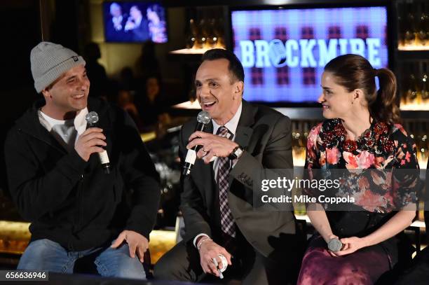 Craig Carton, Hank Azaria and Amanda Peet attend a Q&A during the "Brockmire" event at 40 / 40 Club on March 22, 2017 in New York City.