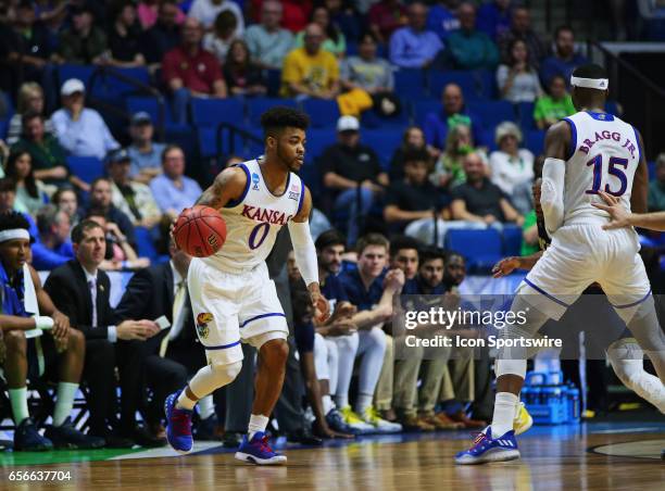 Kansas Jayhawks Guard Frank Mason III looks for an opening in the Aggie defense during the Kansas Jayhawks game versus the UC Davis Aggies in the...