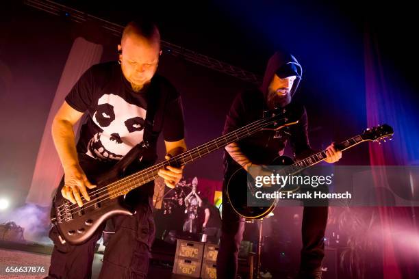 Hakan Skoger and Bjoern Gelotte of the Swedish band In Flames performs live during a concert at the Admiralspalast on March 22, 2017 in Berlin,...