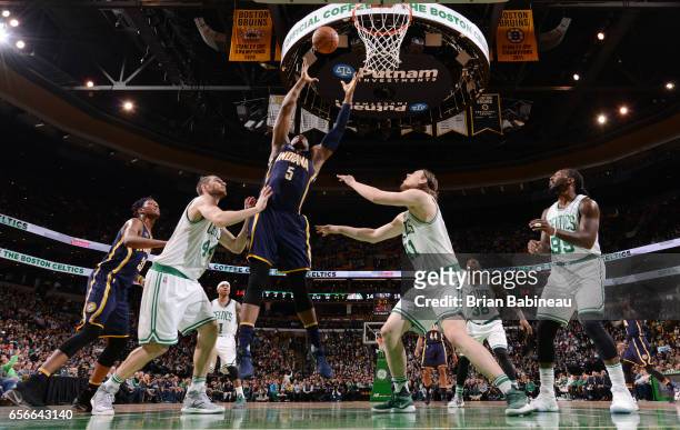 Lavoy Allen of the Indiana Pacers shoots the ball against the Boston Celtics during the game on March 22, 2017 at the TD Garden in Boston,...
