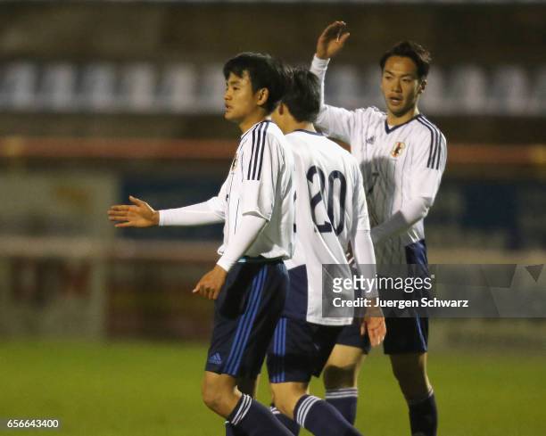 Takefusa Kubo, Yuto Iwasaki and Yuta Kamiya of Japan celebrate during a friendly soccer match between F91 Diddeleng and the Japan U20 team at Stade...