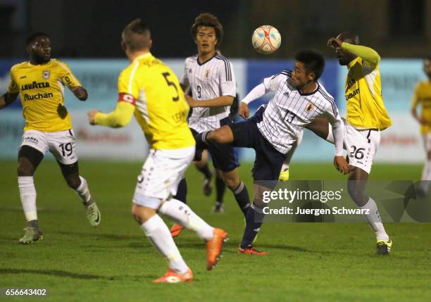 Jerry Prempeh of F91 and Reo Hatate of Japan battle for the ball during a friendly soccer match between F91 Diddeleng and the Japan U20 team at Stade...