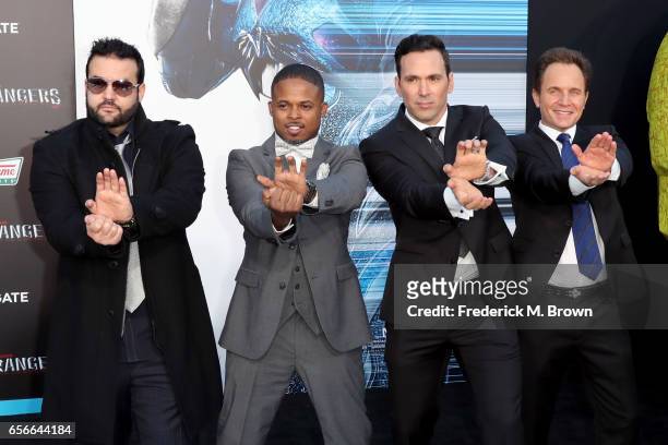 Actors Austin St. John, Walter Jones, Jason David Frank, and David Yost at the premiere of Lionsgate's "Power Rangers" on March 22, 2017 in Westwood,...