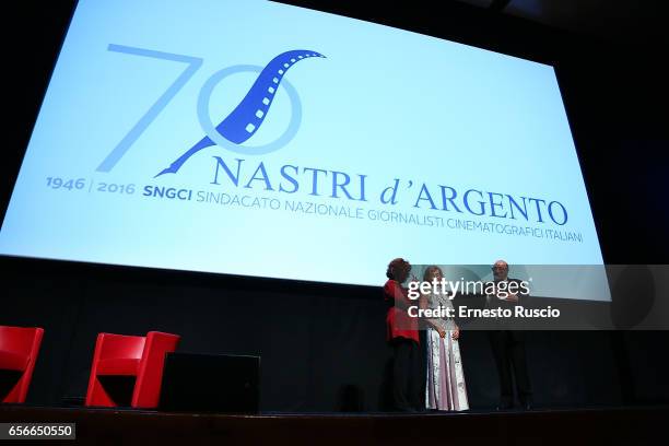 Laura Delli Colli, Francesca Lo Schiavo and Dante Ferretti attend the 'Nastri D'Argento' at Auditorium Parco Della Mudica on March 22, 2017 in Rome,...