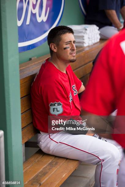 Allen Craig of the Boston Red Sox in the dugout during the spring Training game against the Team USA at Jet Blu Park on March 09, 2017 in Milwaukee,...