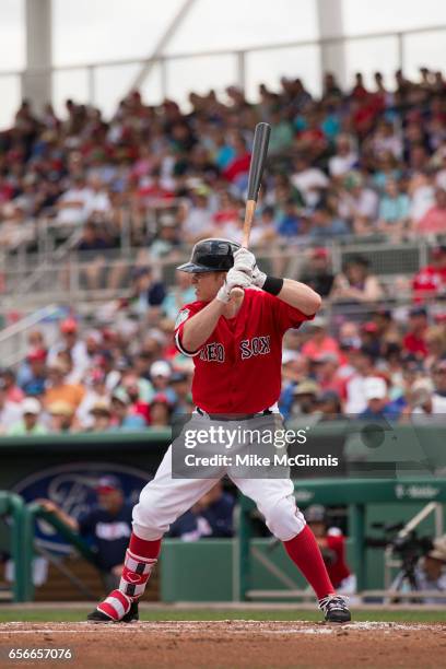 Brock Holt of the Boston Red Sox in action during the spring Training game against the Team USA at Jet Blu Park on March 09, 2017 in Milwaukee,...