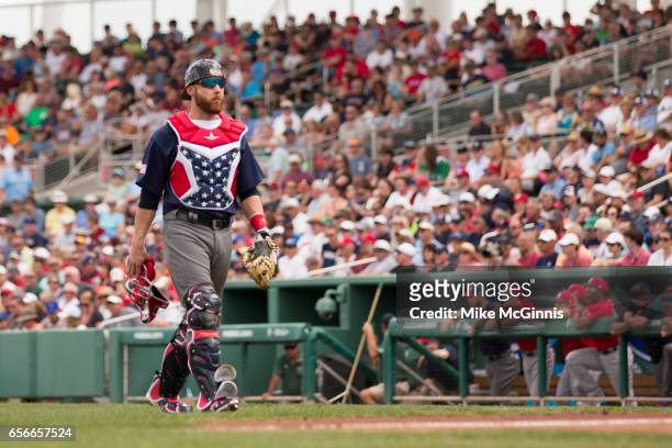 Jonathan Lucroy of Team USA in action during the Spring Training game against the Boston Red Sox at Jet Blu Park on March 09, 2017 in Milwaukee,...