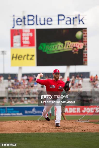 Craig Kimbrel of the Boston Red Sox in action during the spring Training game against the Team USA at Jet Blu Park on March 09, 2017 in Milwaukee,...