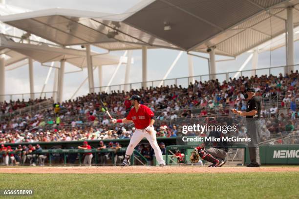 Mookie Betts of the Boston Red Sox in action during the spring Training game against the Team USA at Jet Blu Park on March 09, 2017 in Milwaukee,...