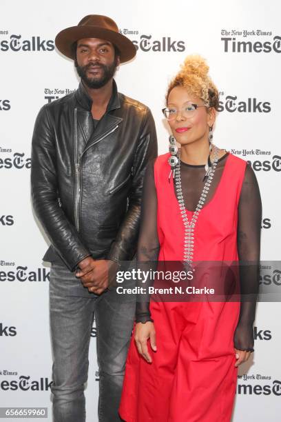 Musician Gary Clark, Jr. And moderator Jenna Wortham attend TimesTalks held at TheTimesCenter on March 22, 2017 in New York City.