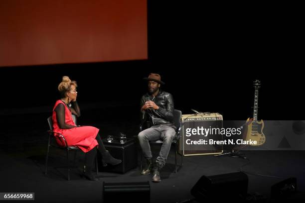 Moderator Jenna Wortham and musician Gary Clark, Jr. Speak on stage during TimesTalks held at TheTimesCenter on March 22, 2017 in New York City.