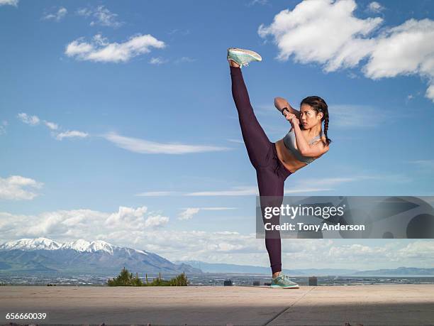 young woman practicing martial arts outdoors - high kick stock pictures, royalty-free photos & images