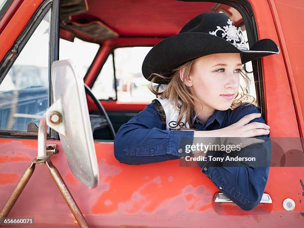 young rodeo queen in pickup truck - bonneville county idaho stockfoto's en -beelden