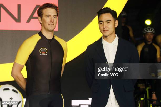 Road bicycle racer Andy Schleck of Luxembourg and actor Ethan Juan attend the press conference of Tour de France Criterium China on March 22, 2017 in...
