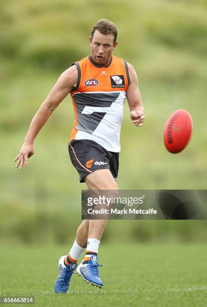 Steve Johnson of the Giants kicks during the Greater Western Sydney Giants AFL training session at WestConnex Centre on March 23, 2017 in Sydney,...