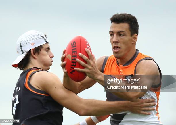 Dylan Shiel of the Giants takes a mark during the Greater Western Sydney Giants AFL training session at WestConnex Centre on March 23, 2017 in...