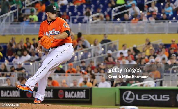 Jose Fernandez of the Miami Marlins pitches during a game against the San Francisco Giants at Marlins Park on July 2, 2015 in Miami, Florida.