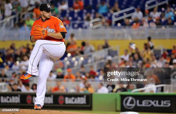 Jose Fernandez of the Miami Marlins pitches during a game against the San Francisco Giants at Marlins Park on July 2, 2015 in Miami, Florida.