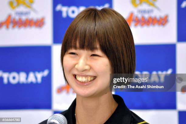 Volleyball player Saori Kimura speaks during a press conference on her retirement at Toray Arena on March 22, 2017 in Otsu, Shiga, Japan.