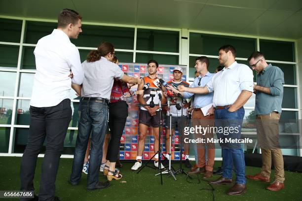 TIm Taranto of the Giants talks to media during the Greater Western Sydney Giants AFL training session at WestConnex Centre on March 23, 2017 in...