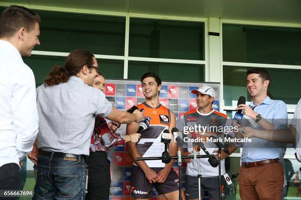 TIm Taranto of the Giants talks to media during the Greater Western Sydney Giants AFL training session at WestConnex Centre on March 23, 2017 in...