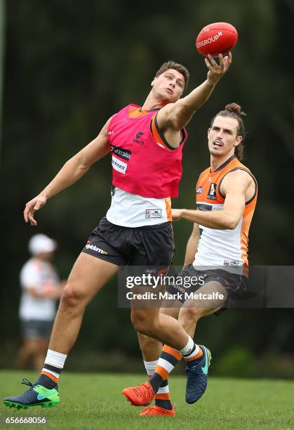 Jonathon Patton of the Giants takes a mark during the Greater Western Sydney Giants AFL training session at WestConnex Centre on March 23, 2017 in...