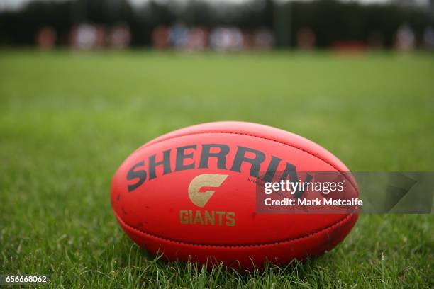 Giants sherrin is seen during the Greater Western Sydney Giants AFL training session at WestConnex Centre on March 23, 2017 in Sydney, Australia.