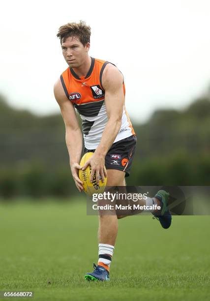 Toby Greene of the Giants kicks during the Greater Western Sydney Giants AFL training session at WestConnex Centre on March 23, 2017 in Sydney,...