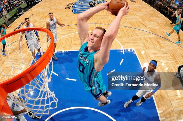 Cody Zeller of the Charlotte Hornets dunks against the Orlando Magic on March 22, 2017 at Amway Center in Orlando, Florida. NOTE TO USER: User...