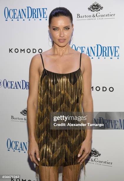 Adriana Lima is seen arriving at the Ocean Drive Magazine March issue cover party at KOMODO Restaurant and Lounge on March 22, 2017 in Miami, Florida.