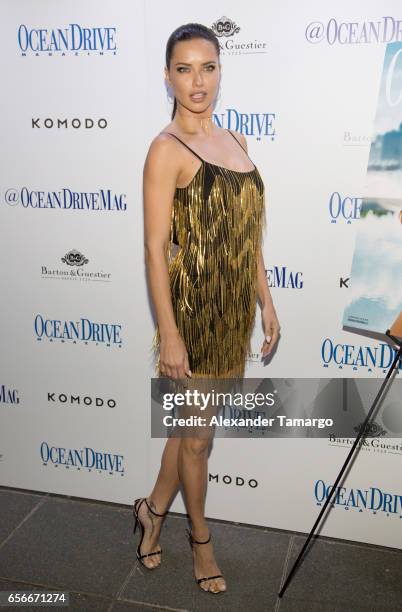 Adriana Lima is seen arriving at the Ocean Drive Magazine March issue cover party at KOMODO Restaurant and Lounge on March 22, 2017 in Miami, Florida.