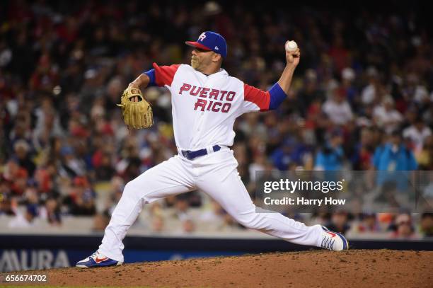 Romero of team Puerto Rico pitches relief in the seventh inning against team United States during Game 3 of the Championship Round of the 2017 World...