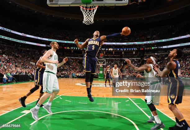 Lavoy Allen of the Indiana Pacers goes for a lay up against the Boston Celtics during the game on March 22, 2017 at the TD Garden in Boston,...