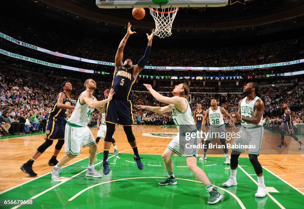 Lavoy Allen of the Indiana Pacers shoots the ball against the Boston Celtics during the game on March 22, 2017 at the TD Garden in Boston,...