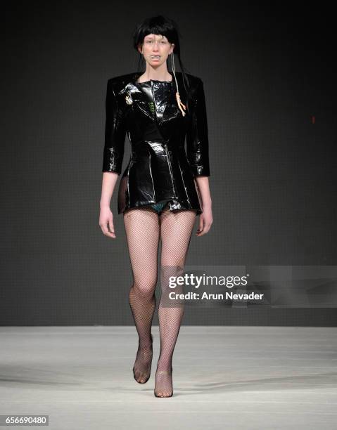 Model walks the runway wearing Kakopieros at Vancouver Fashion Week Fall/Winter 2017 at Chinese Cultural Centre of Greater Vancouver on March 22,...