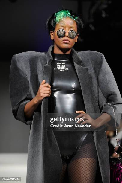 Model walks the runway wearing Kakopieros at Vancouver Fashion Week Fall/Winter 2017 at Chinese Cultural Centre of Greater Vancouver on March 22,...