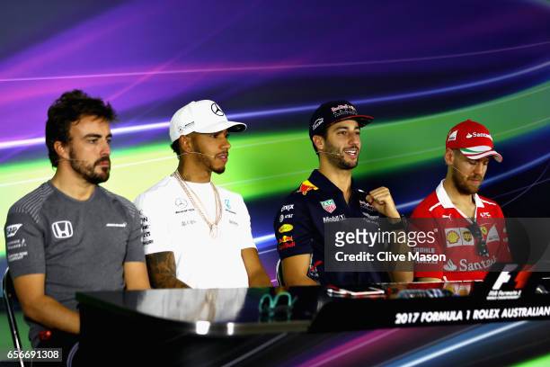 The first Drivers Press Conference featuring Fernando Alonso of Spain and McLaren Honda, Lewis Hamilton of Great Britain and Mercedes GP, Daniel...
