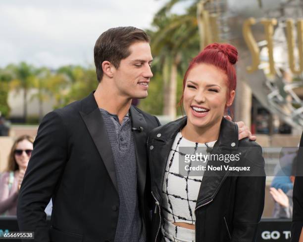 Bonner Bolton and Sharna Burgess visit "Extra" at Universal Studios Hollywood on March 22, 2017 in Universal City, California.
