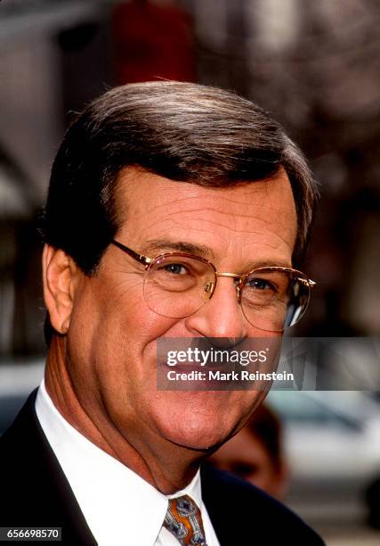 American politician and Senate Majority Leader Senator Trent Lott speaks with the press outside ABC Studios, Washington DC, February 2, 1997. He was...