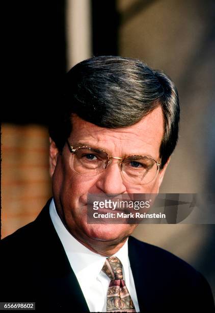 American politician and Senate Majority Leader Senator Trent Lott speaks with the press outside CBS Studios, Washington DC, February 8, 1998. He was...