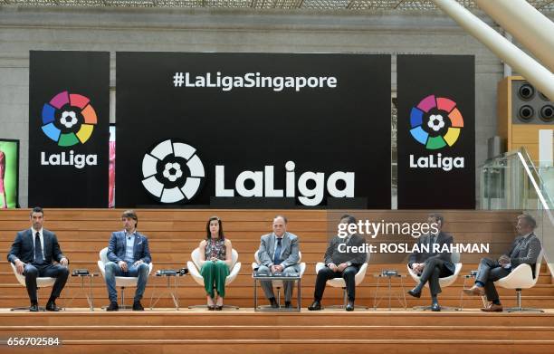 La Liga ambassadors, Fernado Maorientes, Fernado Sanz and Carolina Marin, Javier Tebas, president of La Liga, Kim Kia Tong, provisional council...