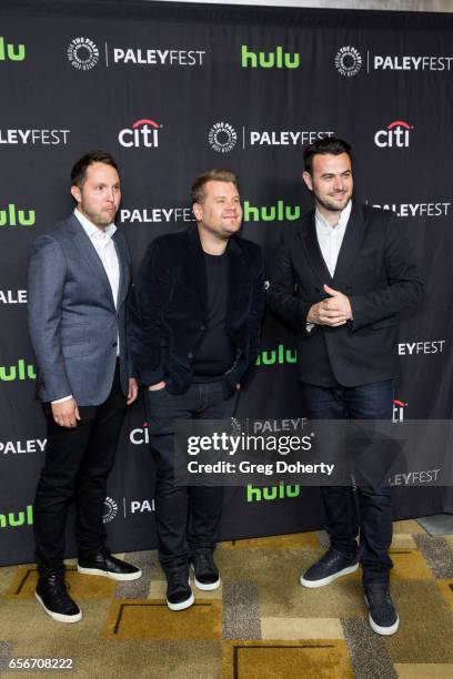 Rob Crabbe, James Corden and Ben Winston arrives for The Paley Center For Media's 34th Annual PaleyFest Los Angeles - An Evening Of Laughs With James...