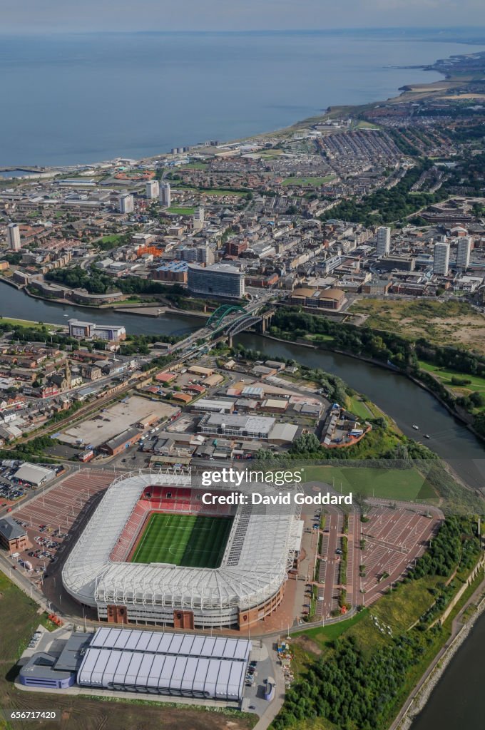 Aerial view of the River Wear and Stadium of Light, home ground of Sunderland AFC.