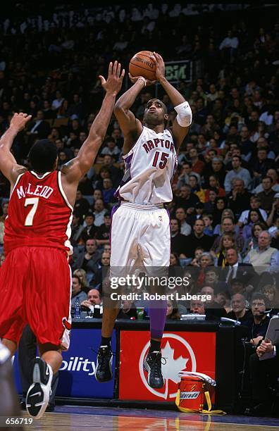 Vince Carter of the Toronto Raptors leaps up to take a shot during the game against the Atlanta Hawks at the Air Canda Centre in Toronto, Ontario,...