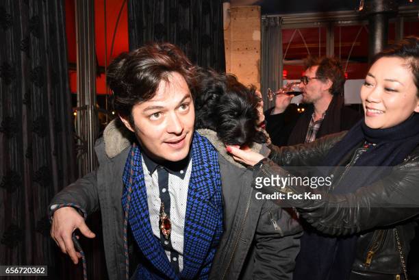 Aurelien Wiik, dog Tina and Malika Lambert attend 'Apero Mecs A Legumes' Party Hosted by Grand Seigneur Magazine at the Bistrot Marguerite on March...
