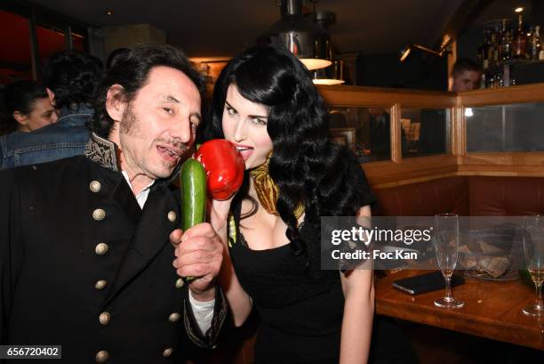 Albert Grintuch and Photo stylist Elsa Oesinger attend 'Apero Mecs A Legumes' Party Hosted by Grand Seigneur Magazine at the Bistrot Marguerite on...