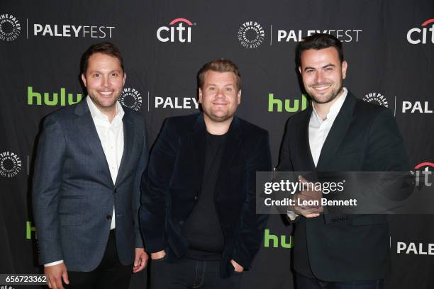 Executive producer Rob Crabbe, Actor/Host James Corden and Executive prouducer Ben Winston arrives at The Paley Center For Media's 34th Annual...