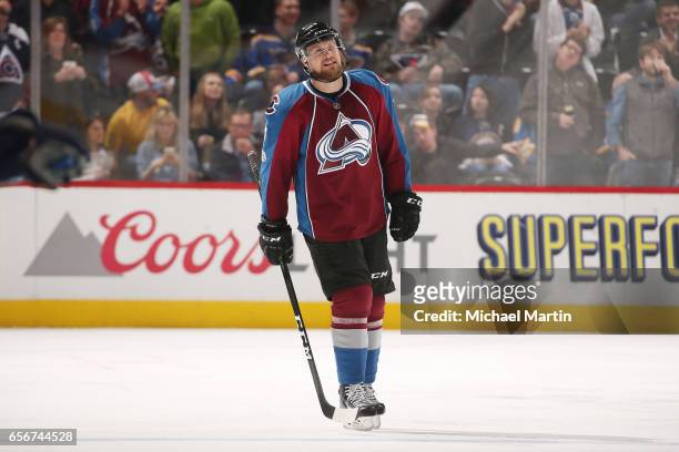 John Mitchell of the Colorado Avalanche skates against the St. Louis Blues at the Pepsi Center on March 21, 2017 in Denver, Colorado.